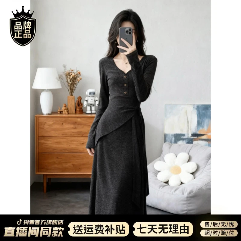 法式高级感灰色连衣裙子女装冬季韩系不规则上衣显瘦半身裙两件套