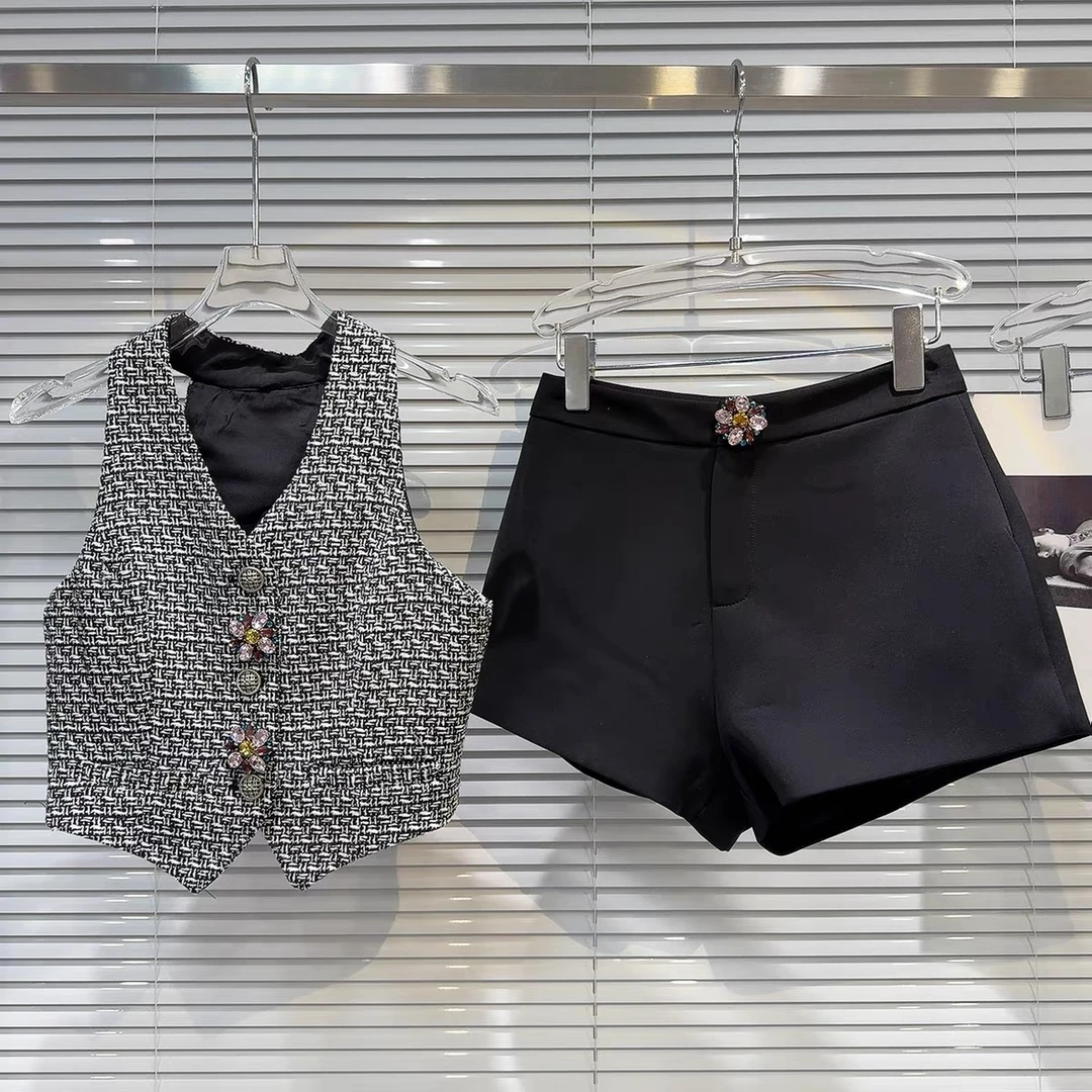 2025夏季新款小香风彩色宝石扣粗花呢马夹背心+短裤套装