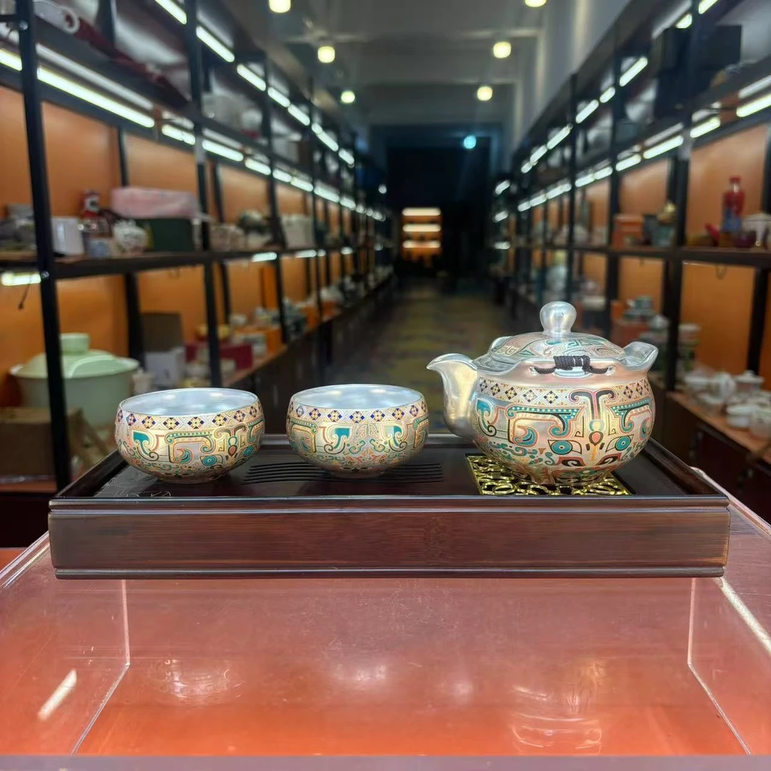 秋香茶具敦煌手抓瓷胎包银一壶两杯套装家用功夫茶具-2244