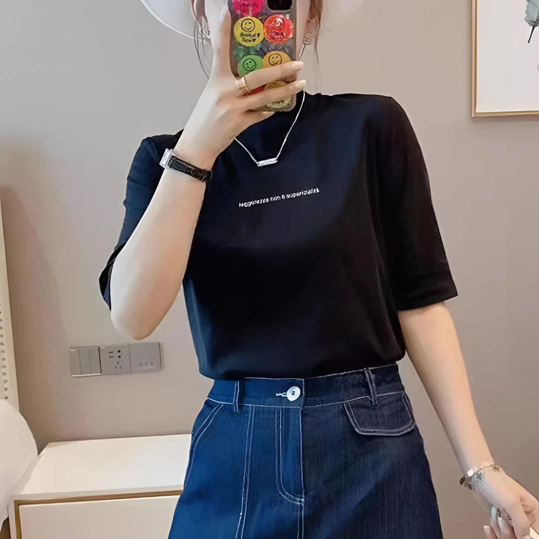 黑色小立领修身棉质中袖t恤女2025春欧货新款显瘦五分袖上衣ins