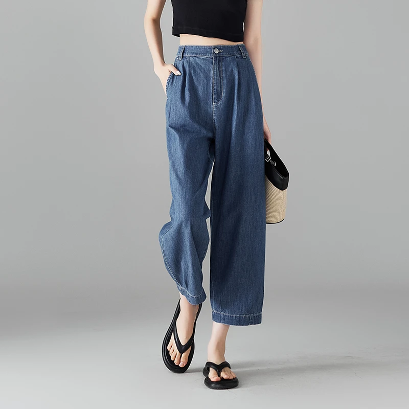 索菲丝尔半松紧腰棉麻九分束脚牛仔裤女2025夏显瘦哈伦裤522155