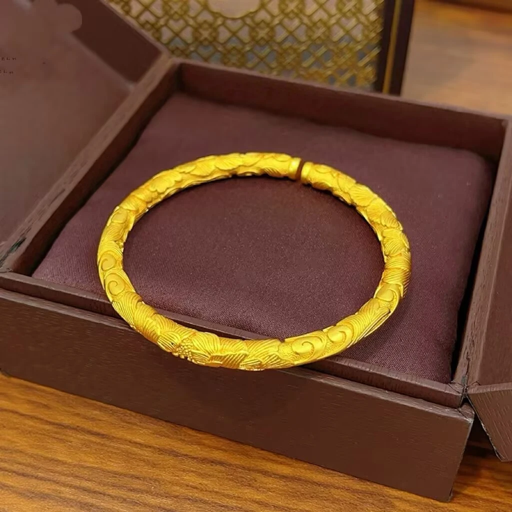 铜合金手镯 满錾圆牡丹花手镯花开富贵浮雕刻花纹开口镯子复古