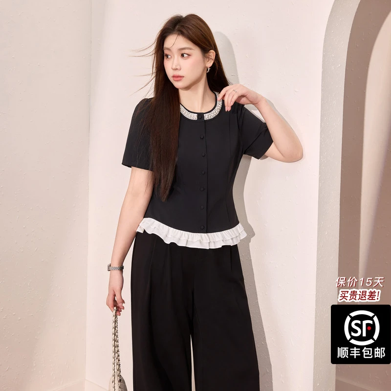 蓝语大码女装法式名媛手工绣珠拼接上衣2025夏季显瘦遮肉短袖T恤