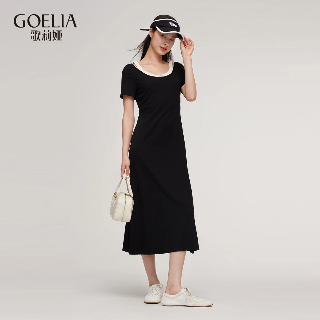 歌莉娅夏季新款拼接假两件连衣裙气质收腰法式黑色轻奢1E5J4K0N0