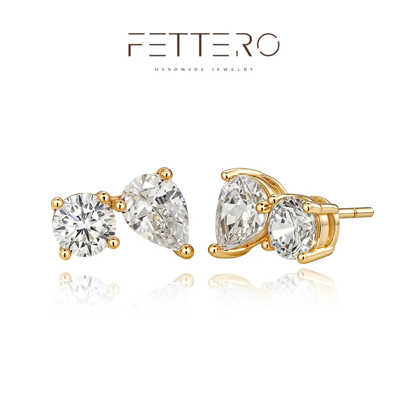 fettero 铜合金耳饰 【金色白锆圆水滴对称耳钉】气质小众简约