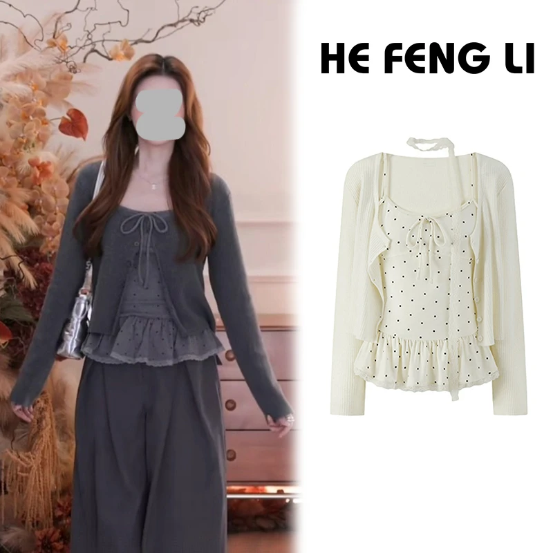 【送飘带】2025秋季新款纯色休闲百搭针织开衫女时尚波点背心两件套