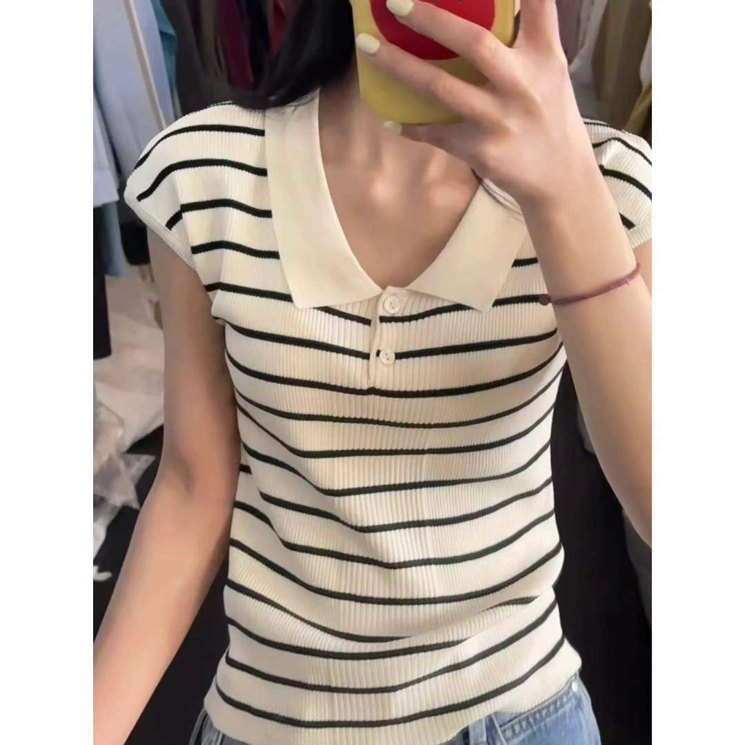 19131#『通勤必备』温柔气质百搭POLO领条纹短袖上衣（福利）