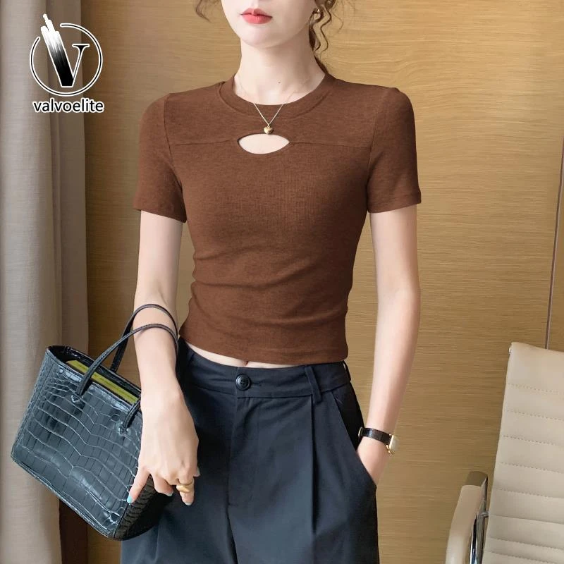 VALVOELITE螺纹短款短袖体恤女夏季新款镂空高腰性感正肩针织上衣