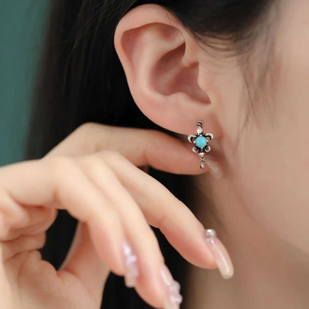 925银耳饰 E25810 蓝珠克克鸢尾花U形耳扣耳环