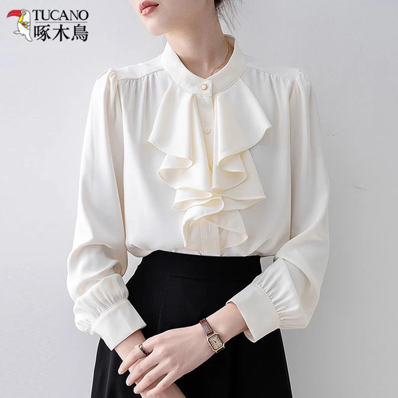 TUCANO/啄木鳥法式荷叶边雪纺长袖衬衫女秋冬时尚设计感宽松小衫