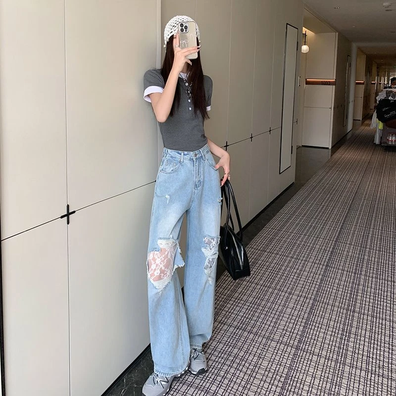 浅色破洞阔腿牛仔裤女2025年夏季新款高腰显瘦宽松贴布蕾丝直筒裤