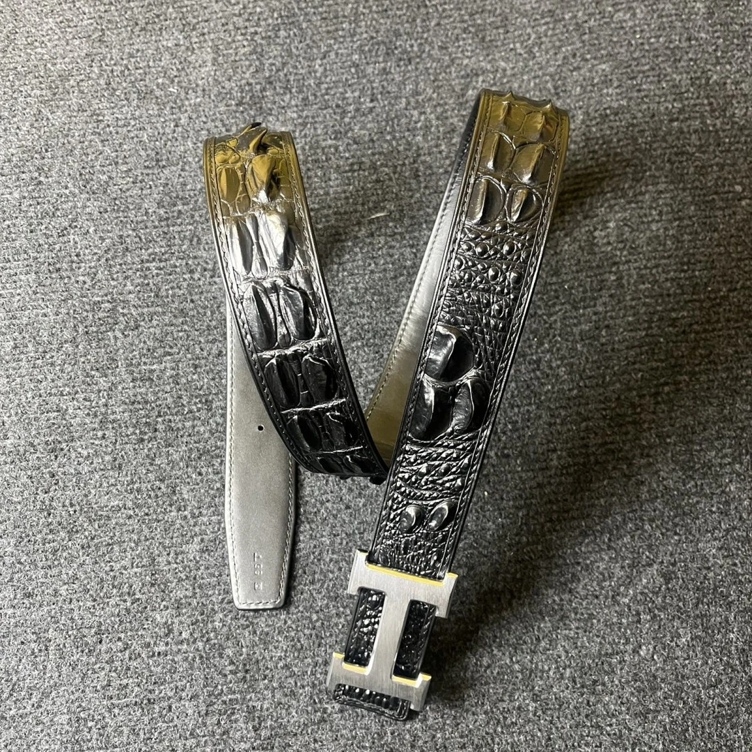 压花鳄鱼纹腰带男款3.8宽打孔仿真鳄鱼骨男士腰带送礼百搭无扣