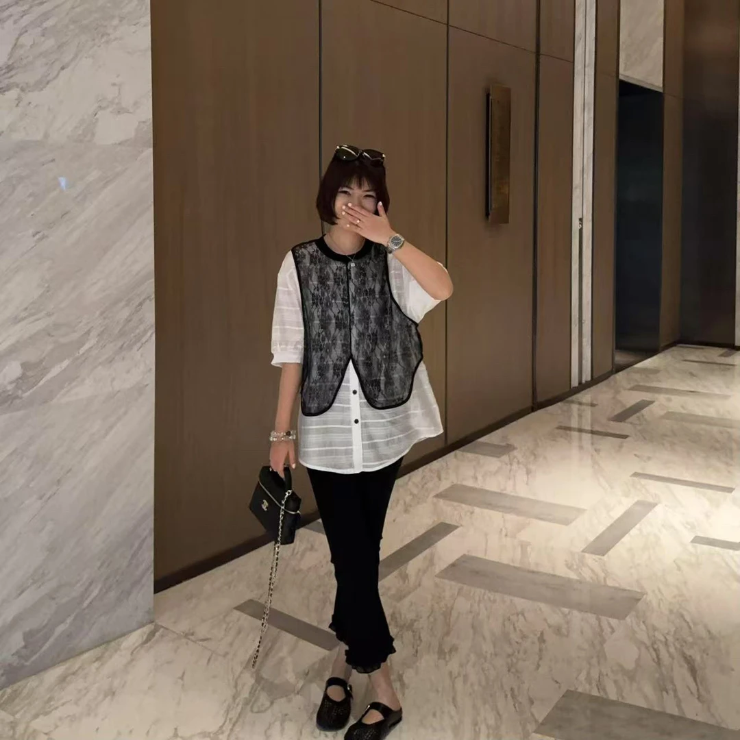 【蕾丝马甲小衫】夏季 圆领套头网纱拼接衬衫 韩版拼接宽松小衫