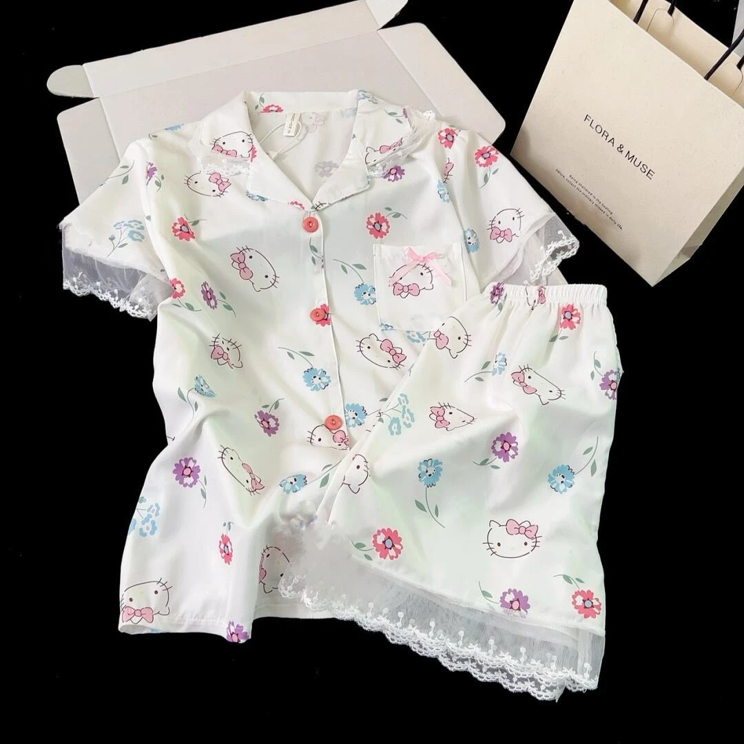 大码夏季冰丝薄款睡衣女可爱kitty印花凉感透气亲肤家居服套装