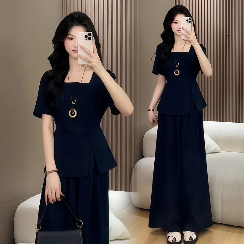 小个子时尚气质套装女2025年夏季新款方领开叉上衣阔腿长裤两件套