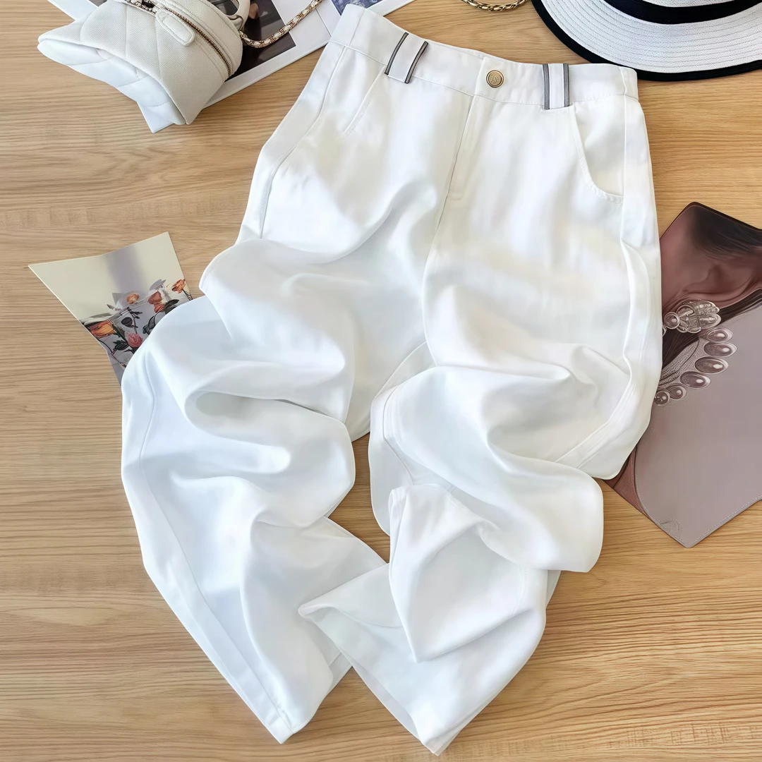 爆款夏季薄款2025宽松新款高腰时尚垂感百搭亚麻直筒阔腿长裤白色