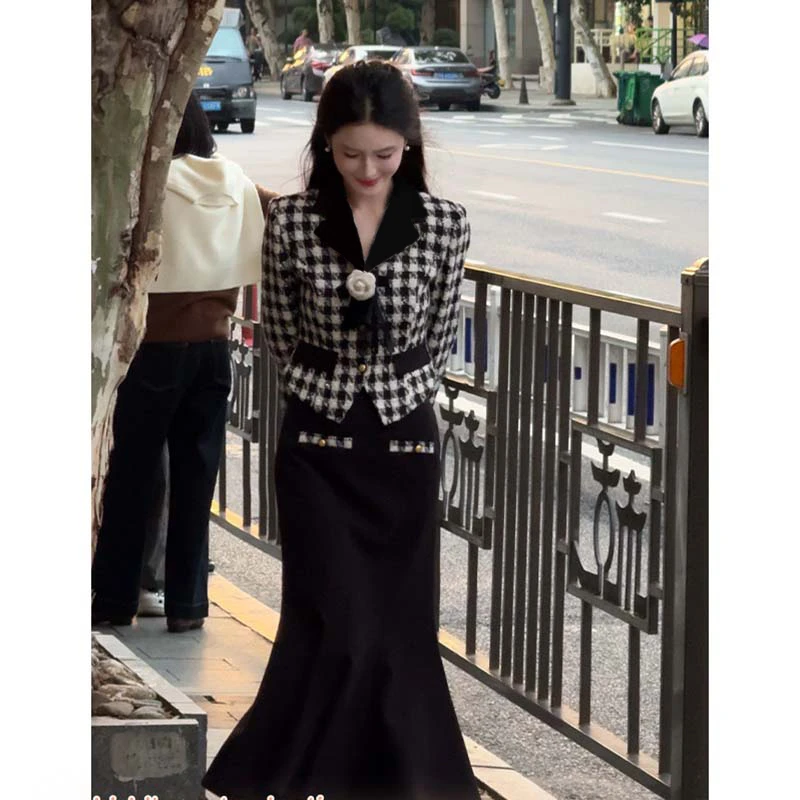 【两件套】【送领花】2025春秋千金风复古千鸟格外套鱼尾裙套装D3578