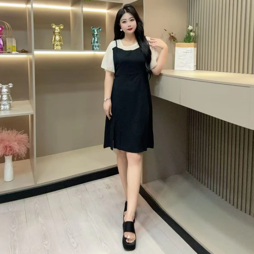 夏季连衣裙-鸿 9806舒适潮流拼色开叉假两件款胖MM大码女装新款
