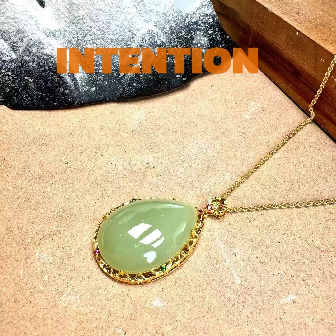 吊坠 正品INTENTION新中式湖水绿色大水滴吊坠带链子AE736