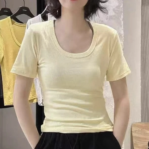 女士百搭纯色U领短袖