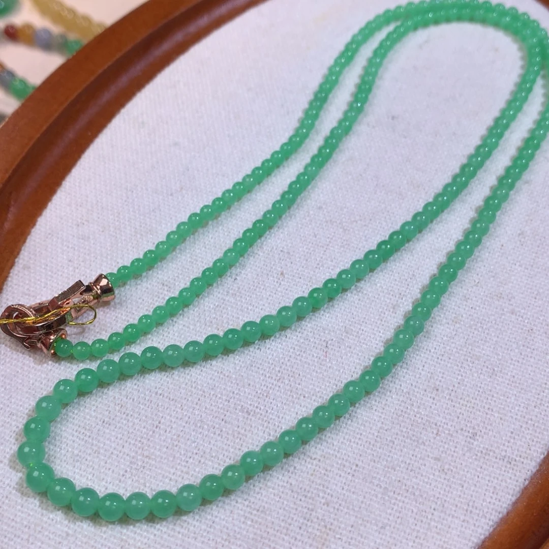 定制翡翠未镶嵌冰润胶甜绿小米项链 塔珠款