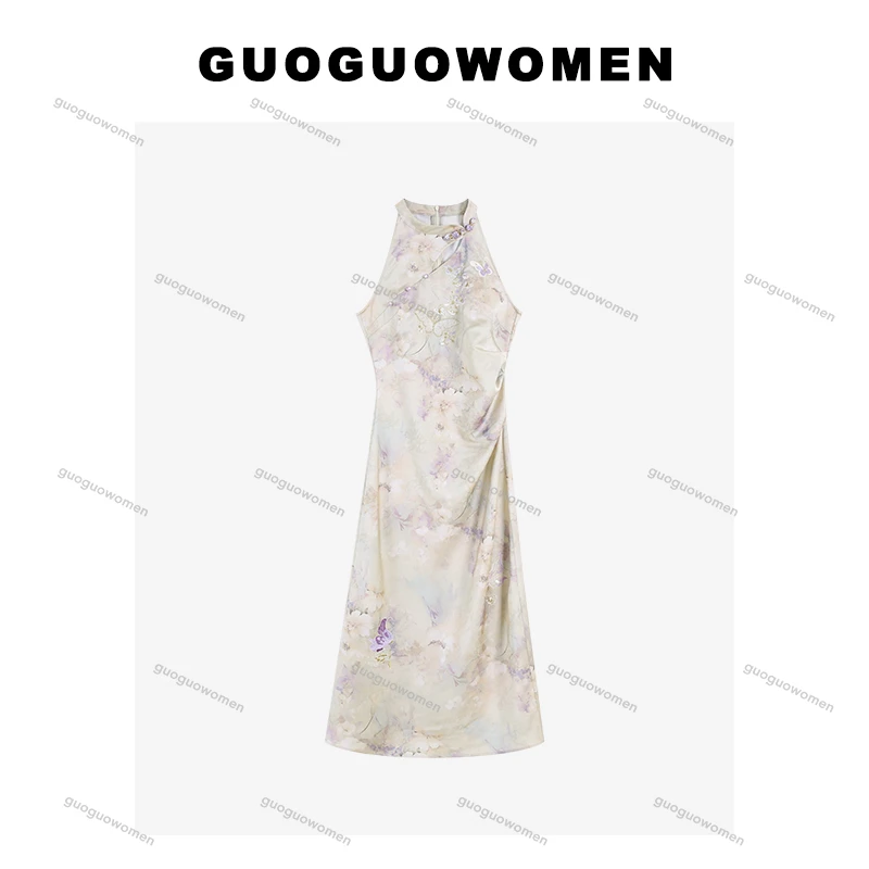 果果家 新中式2025女士荷叶裙无袖旗袍气质刺绣优雅开衫连衣裙