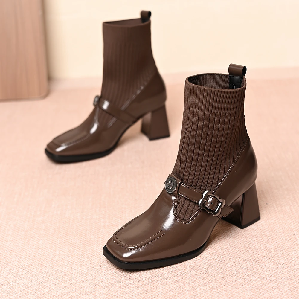 秋冬女法式高跟方头时尚百搭棕色粗跟百搭针织弹力瘦瘦袜靴马丁靴