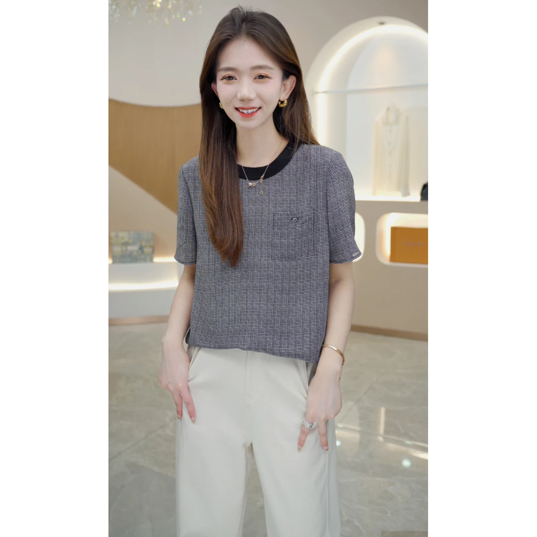 R H 【千鸟格】2025年新款时尚气质显瘦休闲设计感双绉T恤S9025