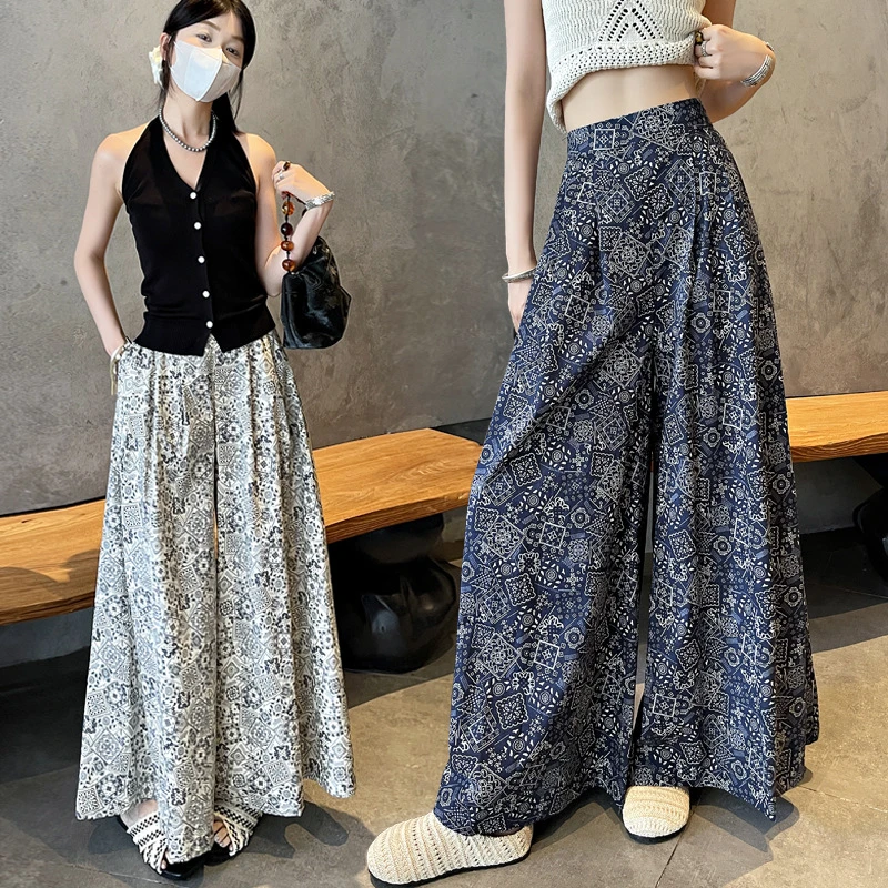 休闲重工法式复古印花阔腿裙裤女2025夏季新高腰垂感刺绣阔腿裤