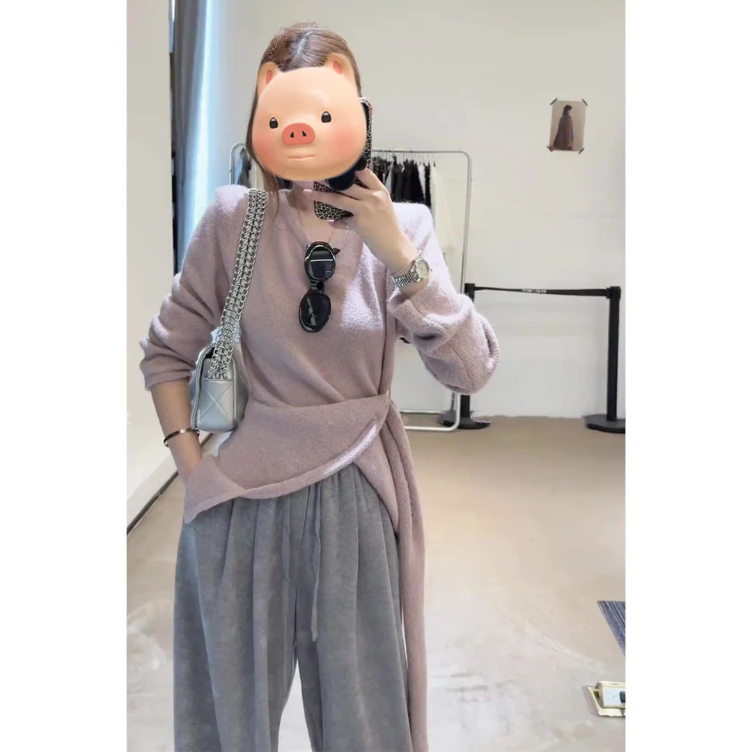 粉色收腰绑带长袖针织衫女秋冬季慵懒风内搭毛衣独特漂亮早秋上衣
