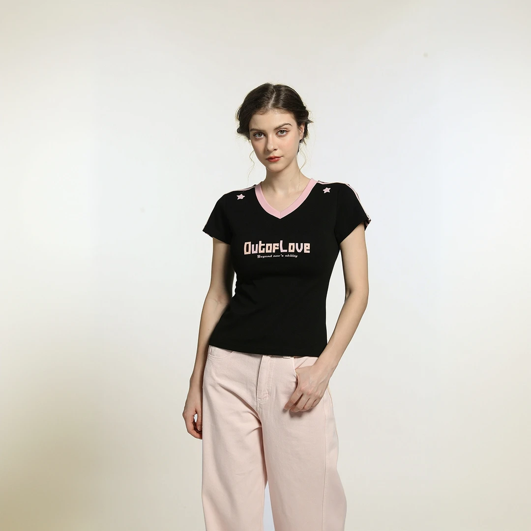 Outoflove夏季美式正肩修身上衣短袖女辣妹印花显瘦球衣运动风t恤