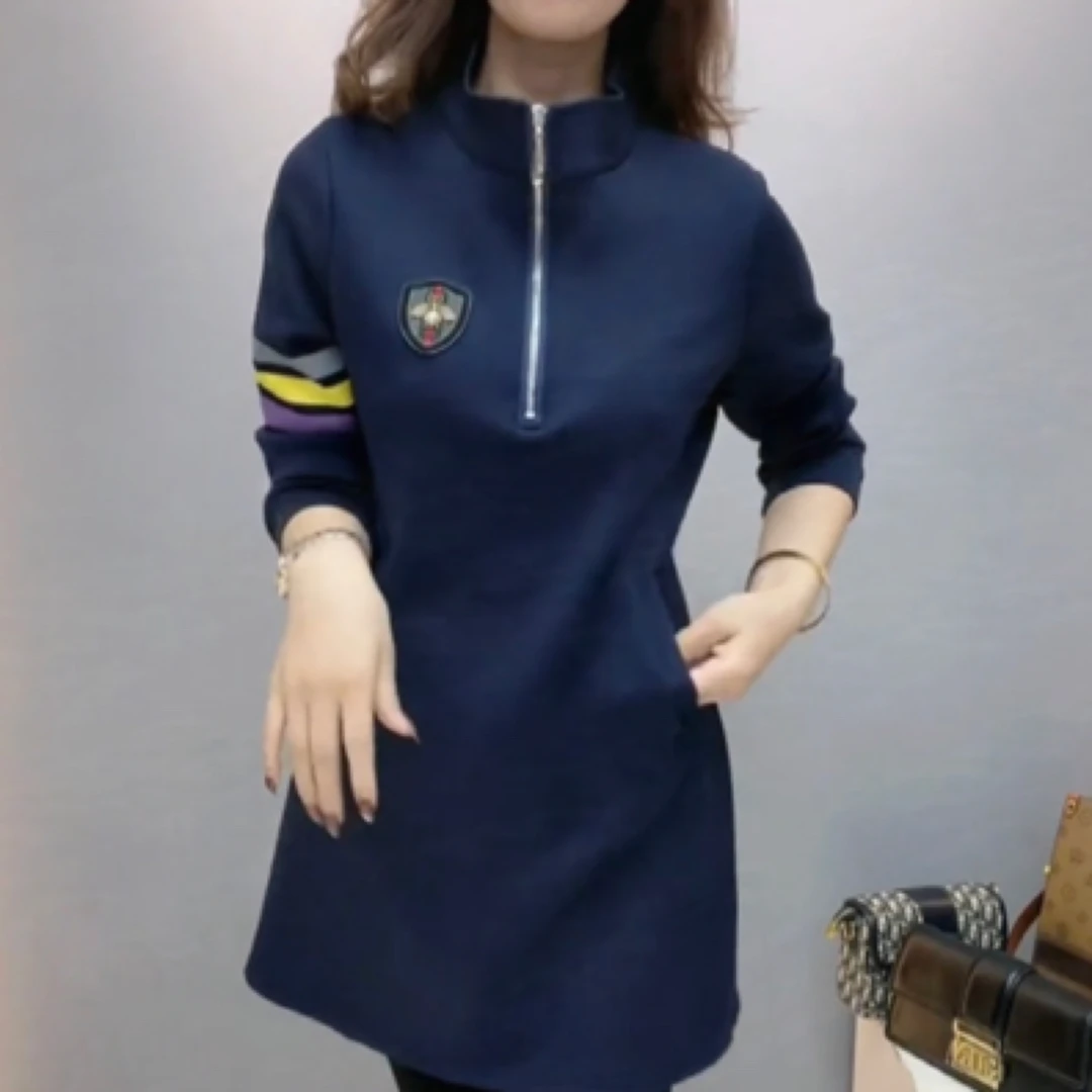 欧货蜜蜂显瘦时尚遮肉中长款拉锁衫