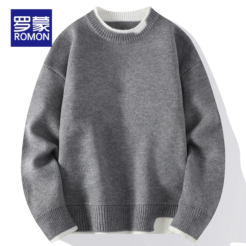 罗蒙男士时尚潮流毛衣男秋冬款加绒宽松休闲内搭假两件针织衫男款