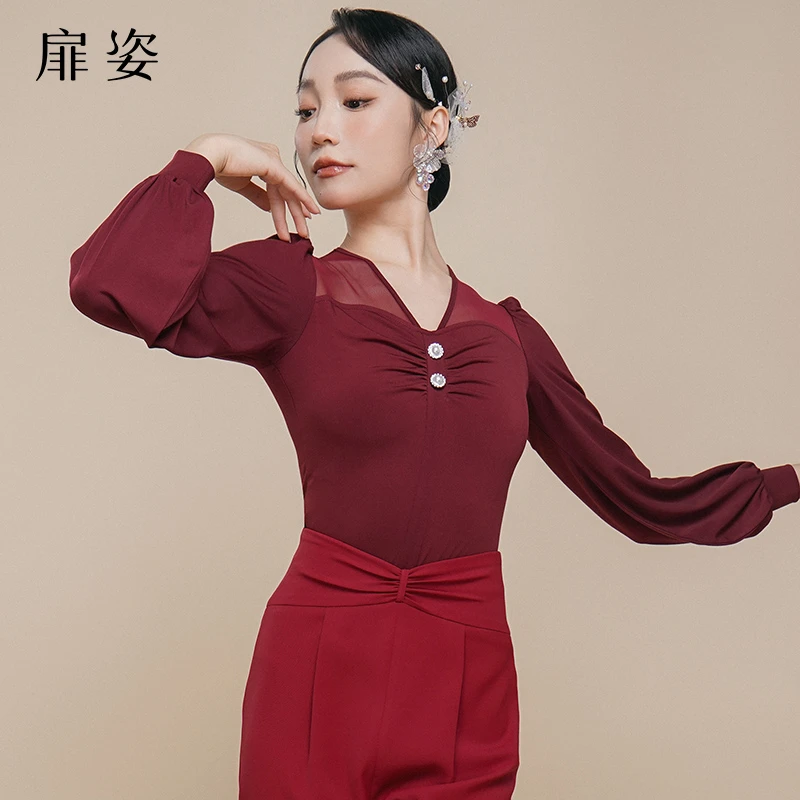 扉姿 摩登舞服女长袖连体衣练功服广场舞灯笼袖跳舞上衣F1236