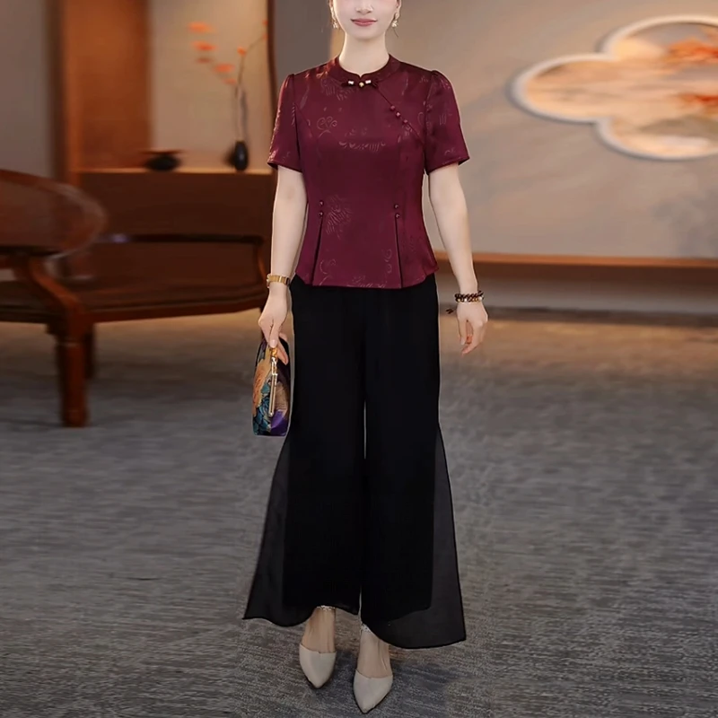 冰羽丝时尚复古套装2025夏季新款新中式妈妈装洋气宽松遮肉两件套