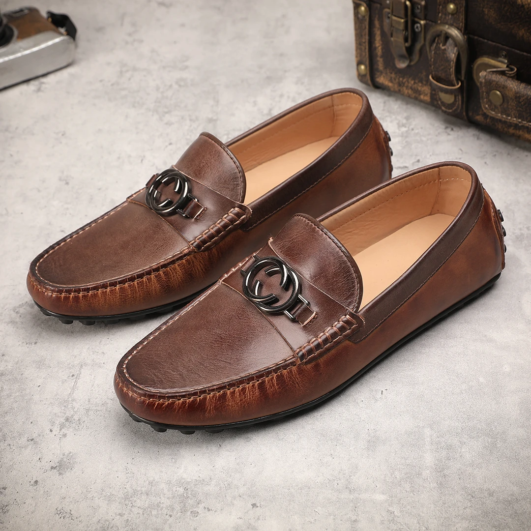 男鞋皮鞋头层牛皮英伦一脚蹬真皮透气时尚豆豆鞋男休息驾车鞋百搭