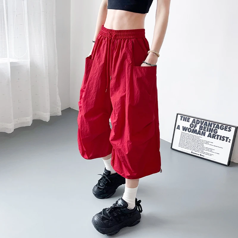 大码夏季清凉防晒七分裤女胖mm宽松显瘦冰丝速干短裤降落伞工装裤