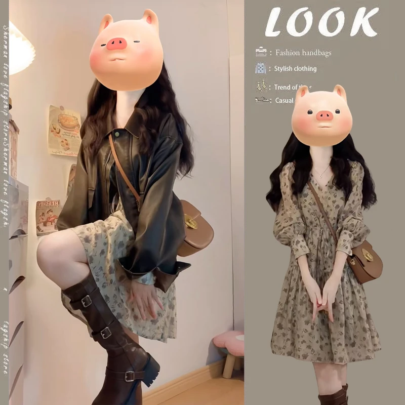 【现货】早春时尚穿搭2025爆款翻领复古皮衣外套印花连衣裙两件套装