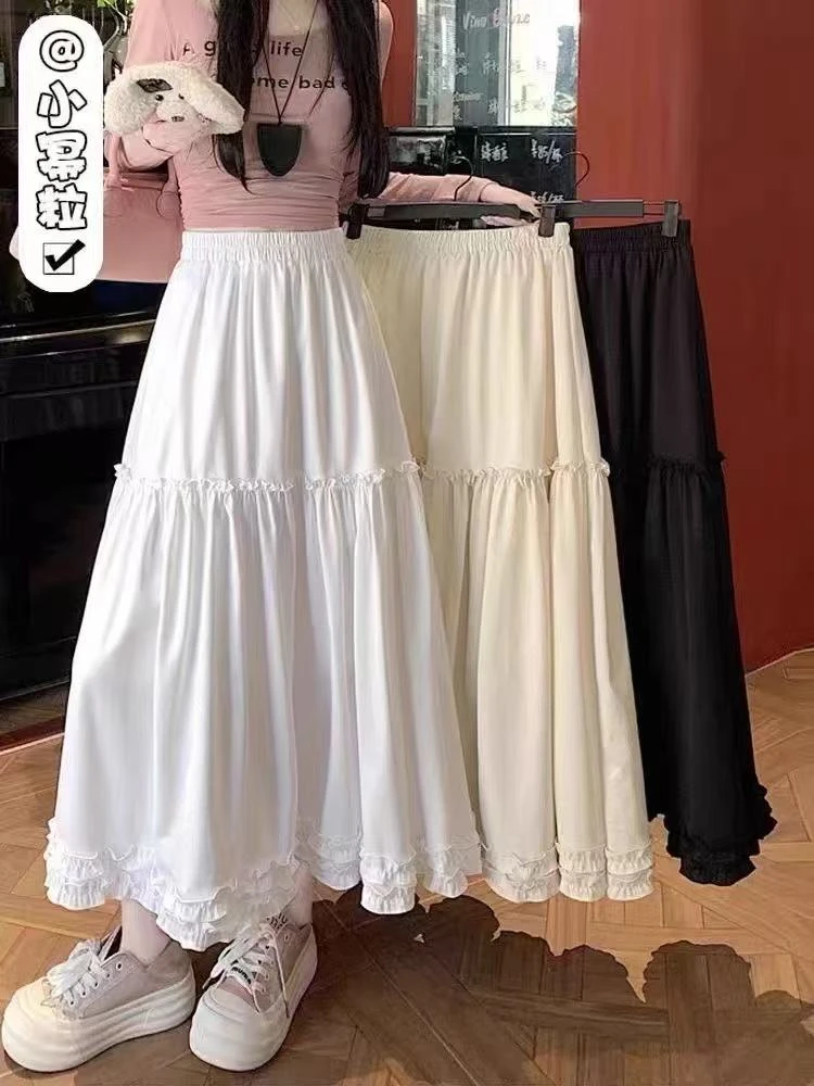 韩系温柔风木耳边设计半身裙女春季新款高腰A字裙显瘦中长款裙子