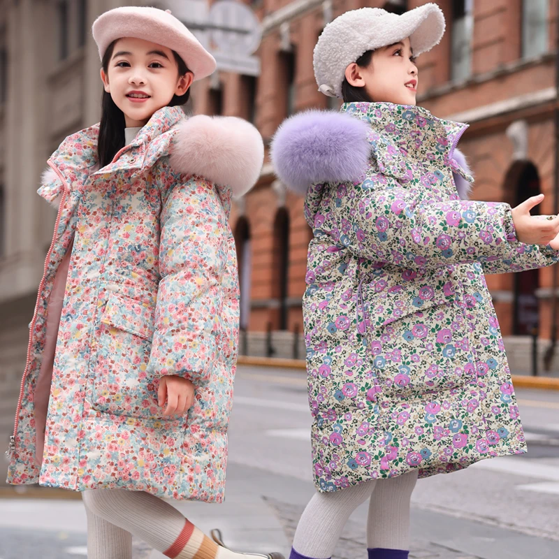 新款巴拉品牌儿童羽绒服女童中长款洋气碎花加厚中大童装反季清仓