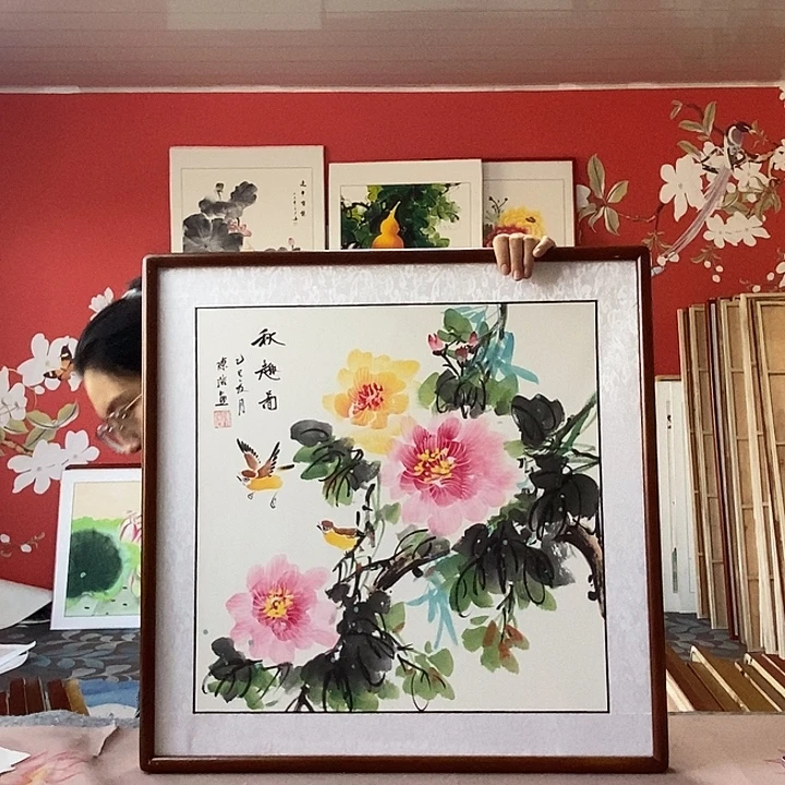 国画手写手绘带框包邮国画作品62✖️62