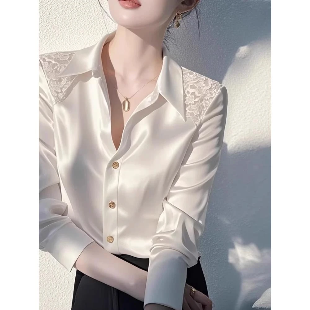 法式轻奢缎面白衬衫女高级感气质春季蕾丝拼接小衫设计感长袖上衣