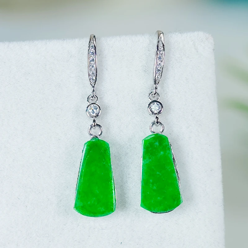 天然满绿龙石翡翠A货银镶嵌时尚小众长款设计气质无事牌耳环耳钩