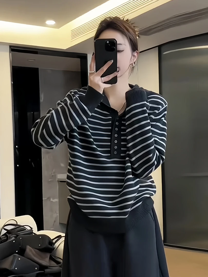 韩版休闲风连帽条纹长袖针织衫女秋季2025新款慵懒感百搭打底上衣