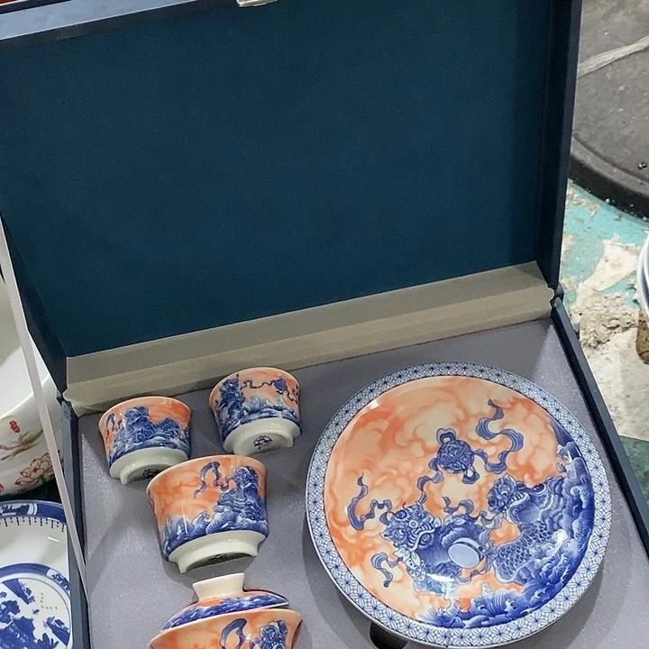 摆件陶青花矾红狮子滚绣球大套组