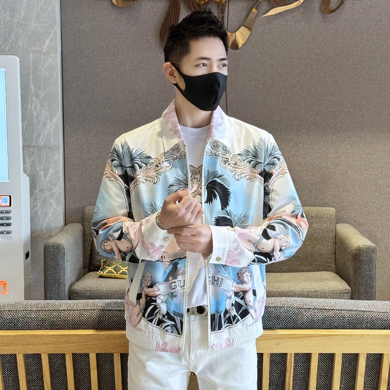 春夏新款男士时尚潮流百搭个性印花休闲运动速干翻领夹克外套