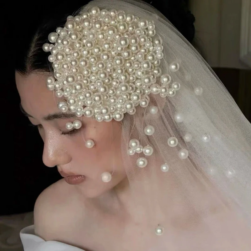 新娘结婚拍照头饰女法式复古珍珠流苏头纱手作高级感气质森系发饰