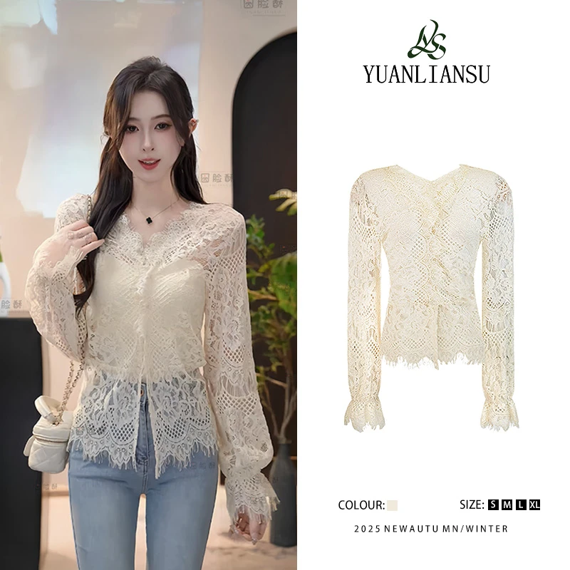 YUANLIANSU/圆脸酥【风的来信】法式复古气质百搭钩花镂空长袖衬衫