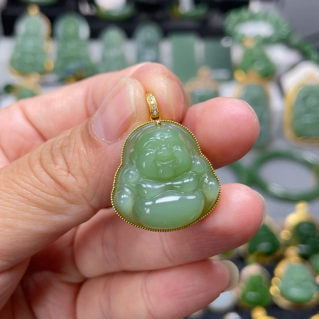 和田玉（碧玉）18K金镶嵌吊坠(不含链)