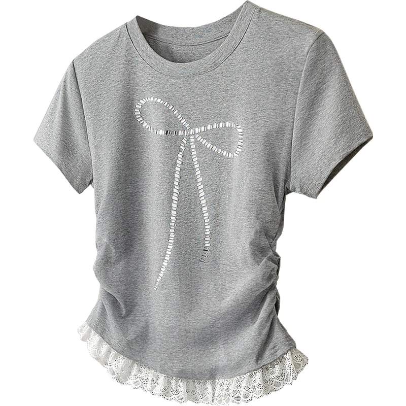 2025夏季新款女装时尚修身显瘦圆领蕾丝拼接短袖套头T恤S52X4164T